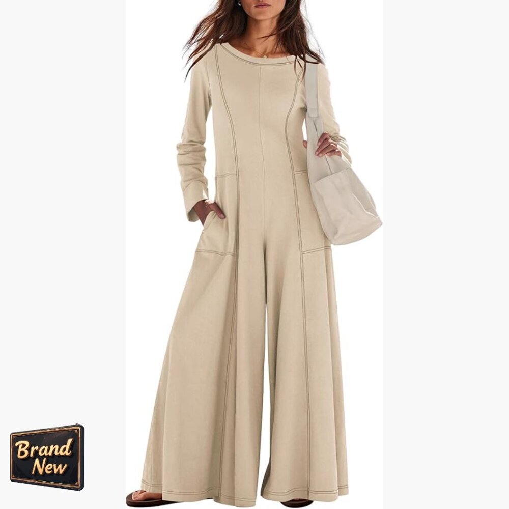 Large Long Sleeve Wide Leg Jumpsuit With Pockets, Loose Fit, Blend Fabric